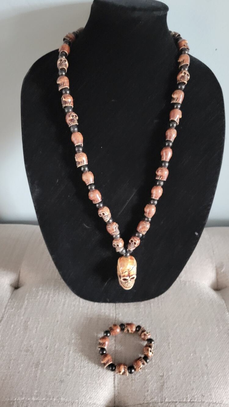 Skull Bead Necklace Bracelet Set Gothic Biker Halloween 28" Necklace